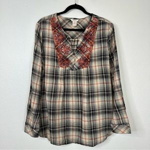 Sundance plaid pullover blouse embroidered v neck bohemian 100% cotton neutral